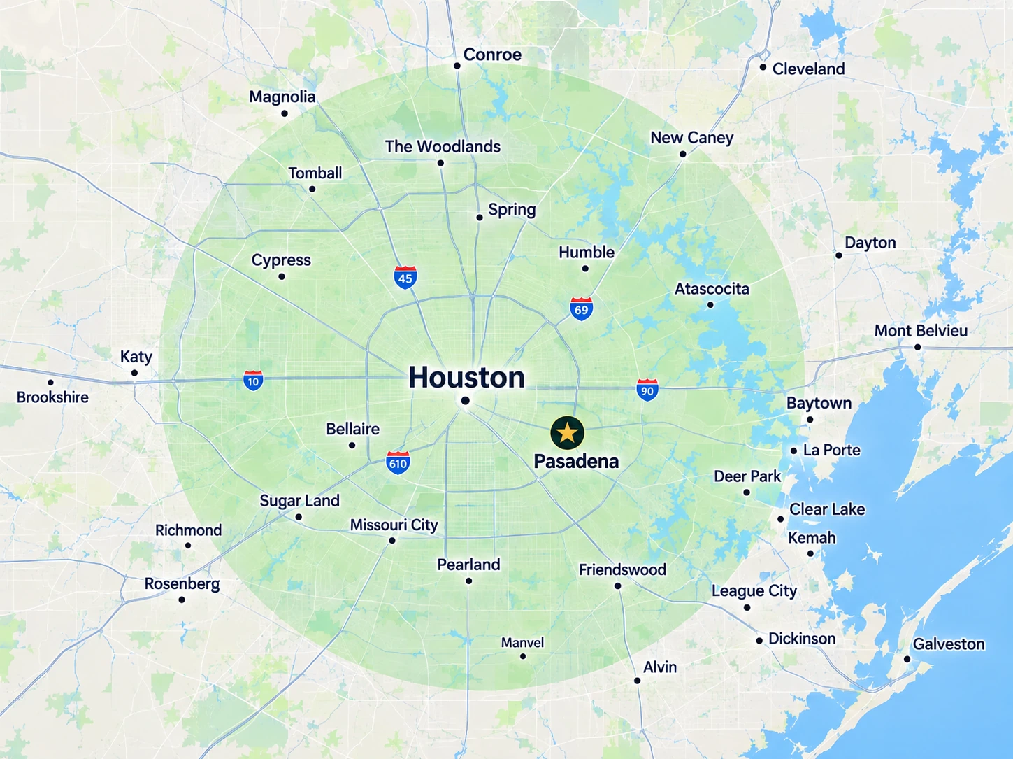 Mapa del área de servicio metropolitana de Houston con Houston, Pasadena, Pearland, Baytown, Sugar Land, Katy, The Woodlands, Spring, Humble, League City, Clear Lake, Galveston y ciudades cercanas