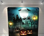 Fondo de Halloween para cabina de fotos con calabazas, murciélagos y una reja embrujada