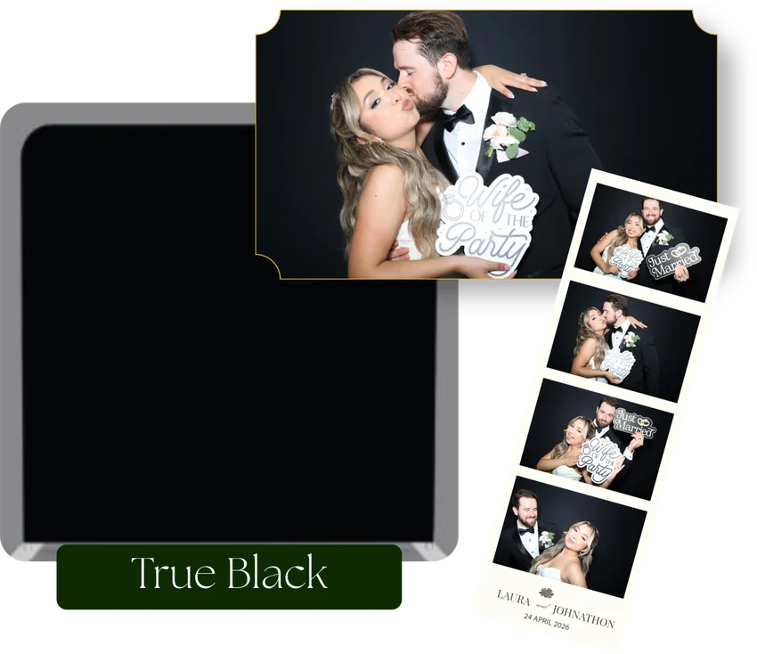 Fondo True Black, foto de invitados y ejemplo de impresión personalizada