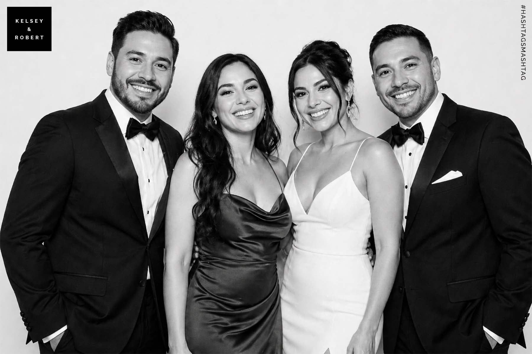 A bride and three guests in a personalized black and white wedding portrait