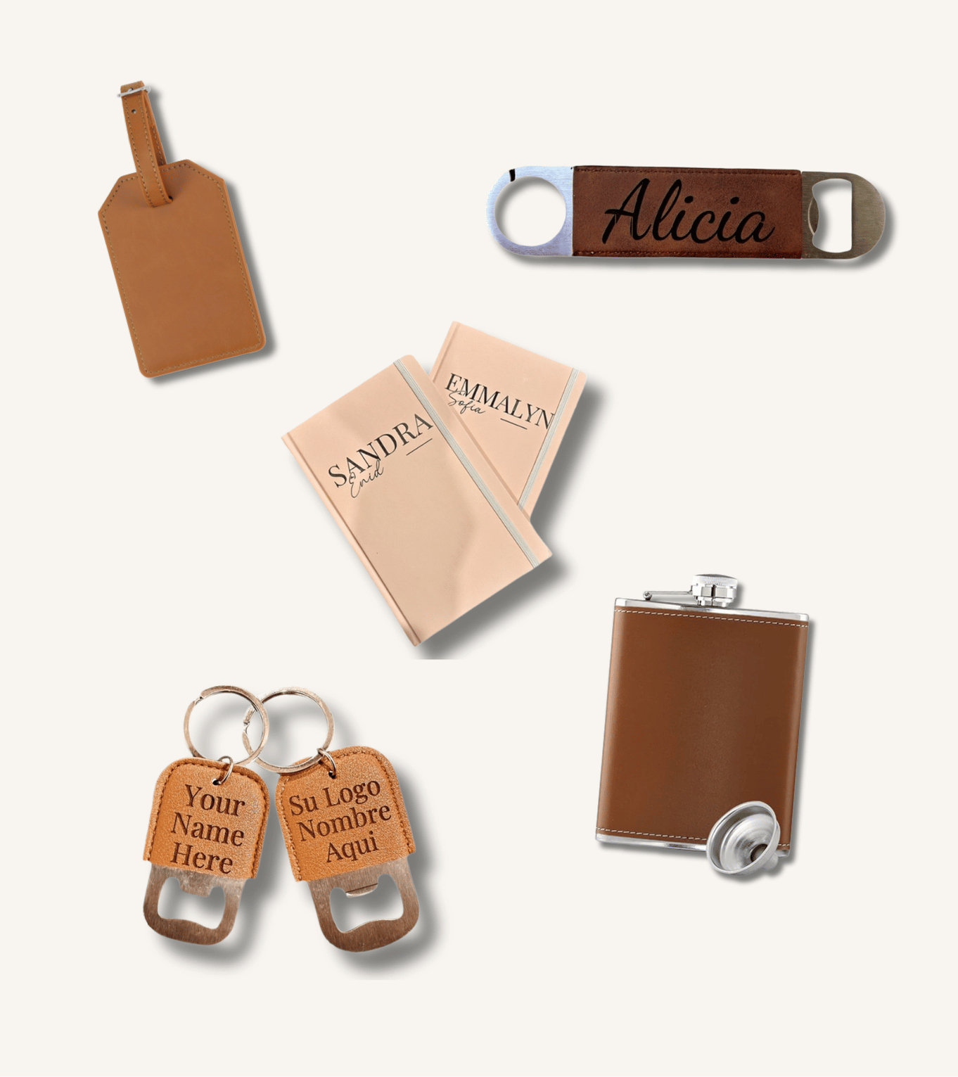 Libretas, llaveros, etiquetas de equipaje y una petaca personalizados por One Stone Engraving