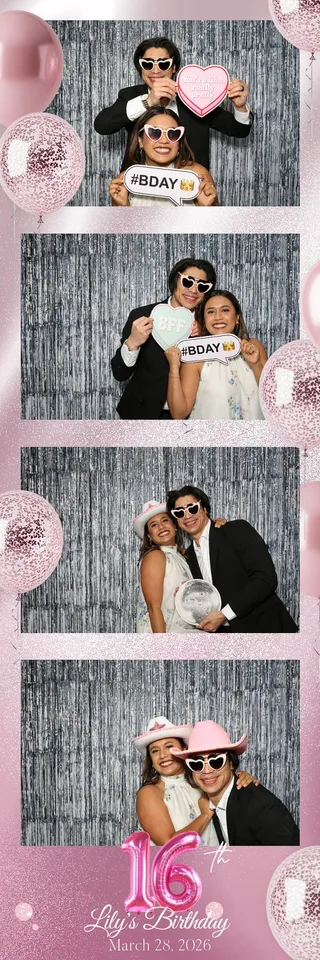 Custom Sweet 16 photo strip showing guests celebrating with birthday props