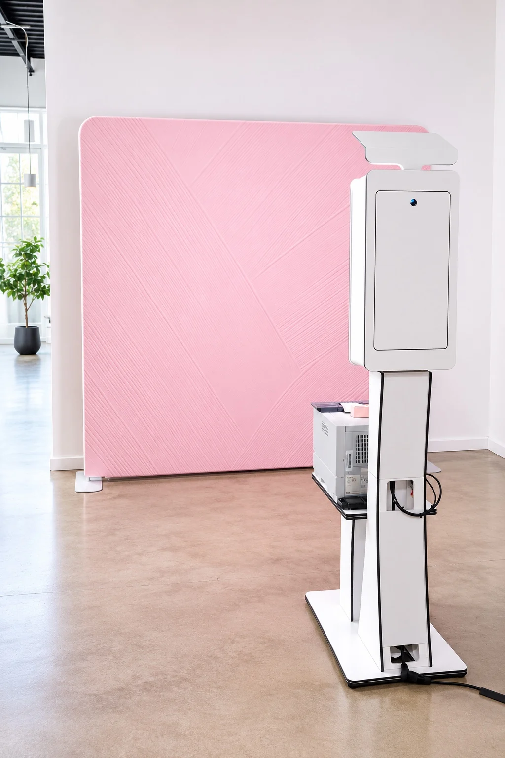 Fondo rosa con cabina blanca e impresora: idea de montaje para un baby shower