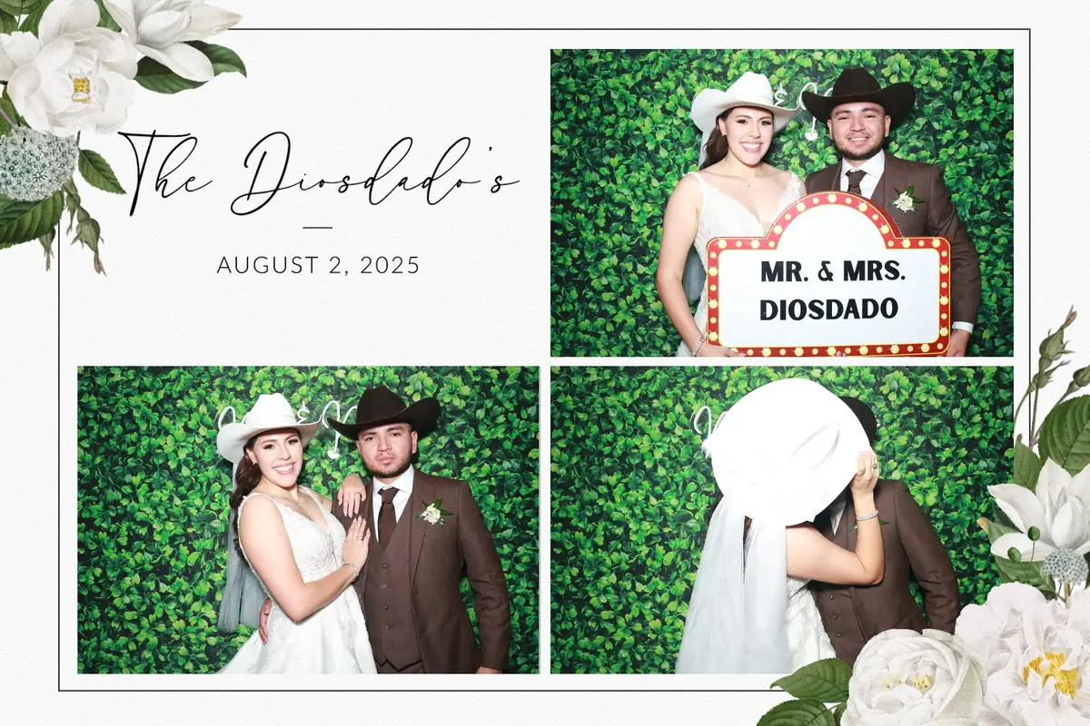 Diseño fotográfico de boda con follaje, tres retratos de invitados y detalles florales blancos